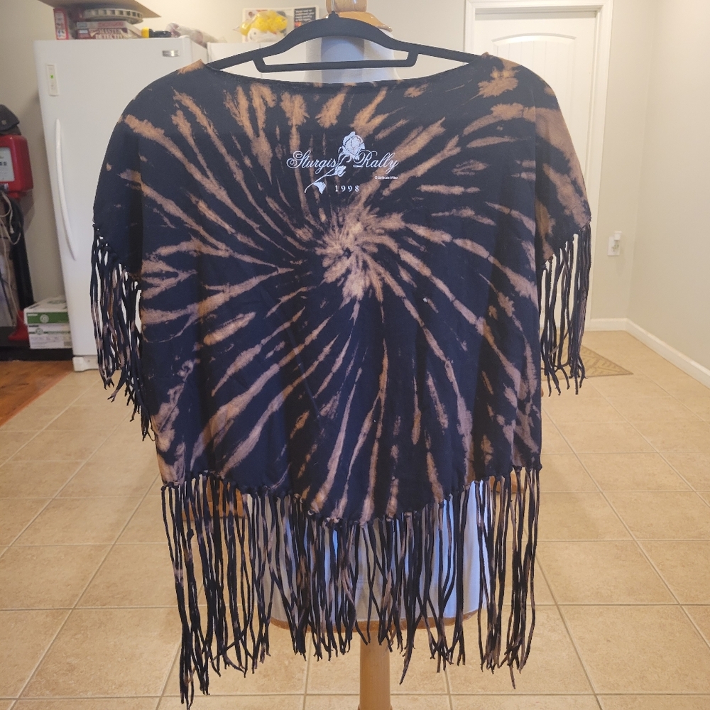 🏍EUC~ STURGIS RALLY Black and Tan Tie-Dye Fringe Shirt